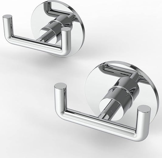 Ruacq Adhesive Double Towel Hook Chrome Round Base Bathroom Robe Self-Adhesive Towel Holder Hand Towel Hanger Stainless Steel and Zinc Alloy Modern Polished Chrome 2 Pack