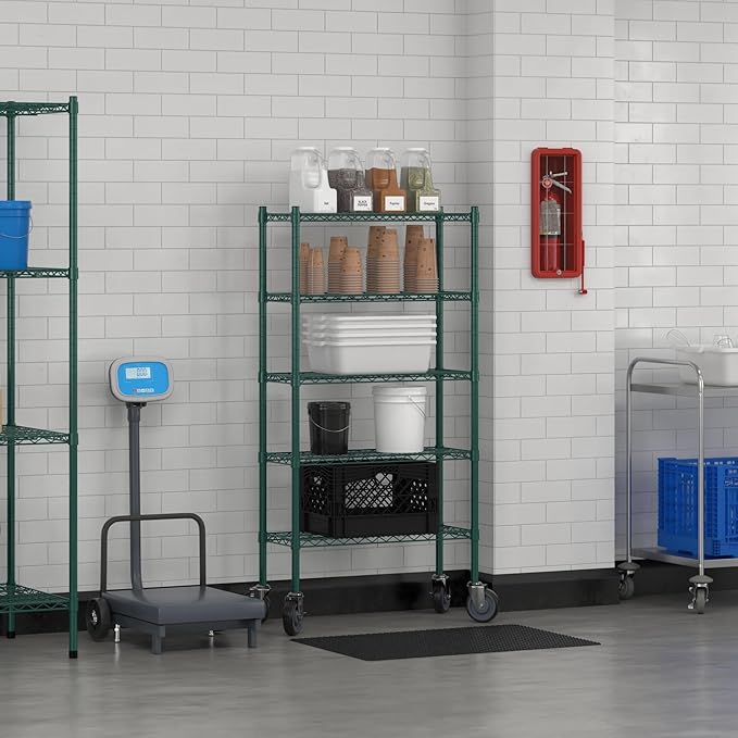 Commercial NSF Listed Green Epoxy Mobile Wire Shelving Kit 12" x 30" x 60", with 5 Shelves Perfect for Warehouse, Walk-in Refrigerator, Freezer, Grocery Store, Restaurant, Dishroom