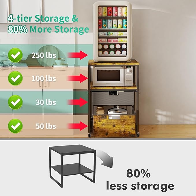 Hadulcet 4-Tier Fridge Stand with Storage Drawer - Rolling Fridge Cabinet with Wheels, Heavy Duty 21.6" L* 22.8" W Fridge Cart, Sturdy Metal Frame, for Home, Apartment, Office, Dorm, Rustic Brown