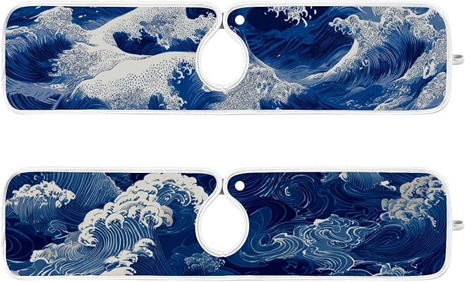 2 PCS Kitchen Sink Splash Guard 23.6 Inch Faucet Mat for Kitchen Sink Bathroom Sink Faucet Absorbing Drip Drain Mat Pad Microfiber Soft Washable Blue Sea Waves