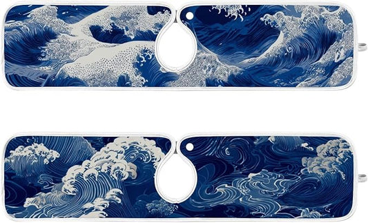 2 PCS Kitchen Sink Splash Guard 23.6 Inch Faucet Mat for Kitchen Sink Bathroom Sink Faucet Absorbing Drip Drain Mat Pad Microfiber Soft Washable Blue Sea Waves