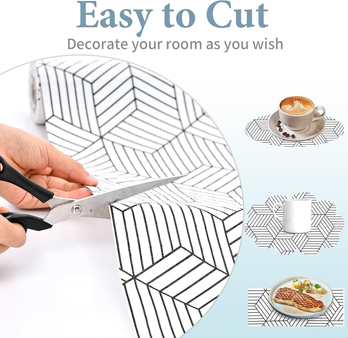 Shelf Liners for Kitchen Cabinets Non Adhesive Shelf Liner Paper Non-Slip Thickened Drawer Liner Easy to Clean for Tool Box Refrigerator with Knife and Tape Measure, Black Geometric, 11.8 x 236.2 in