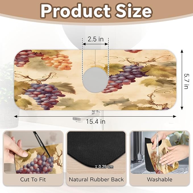 Vintage Grape Kitchen Faucet Mat Splash Guard, 15.4”x5.7” Absorbent Quick Drying Sink Mat for Countertop Protection, Draining Mat Sink Protectors For Kitchen Bathroom, 2 Pack