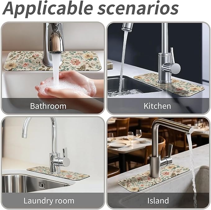 Kitchen Sink Splash Guard，Charming flowers Faucet Mat Sink Gadgets-Super Absorbent Fast Drying Mat Drip Catcher for Kitchen, Bathroom,Sink Mat, Dish Drying Mat, Bathroom(15" X 5.5" )