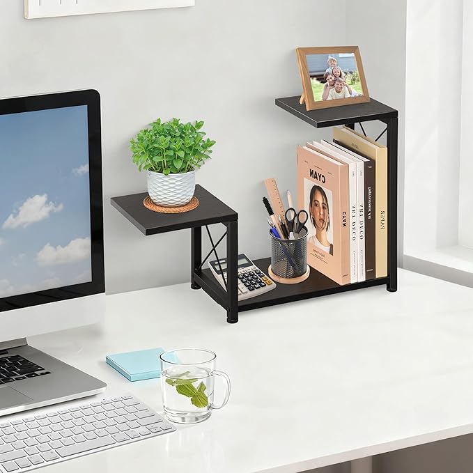 Desk Shelf Organizer, 3 Tier Storage Shelf Riser Display Stand, Wood Desktop Organizer Small Bookshelf, Desktop Shelf for Office Decor and Desk Accessories,Rustic Brown Black