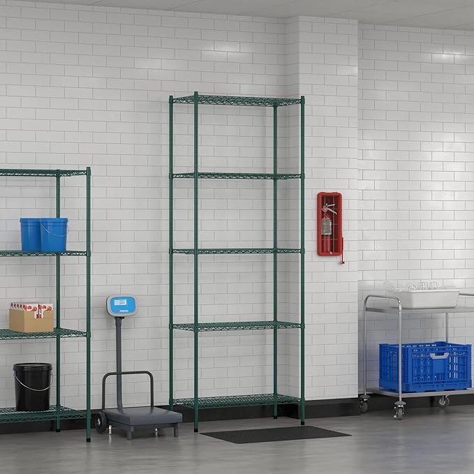 Commercial NSF Listed Green Epoxy Stationary Wire Shelving Kit 18" x 36" x 96", with 5 Shelves Perfect for Warehouse, Walk-in Refrigerator, Freezer, Grocery Store, Restaurant, Dishroom