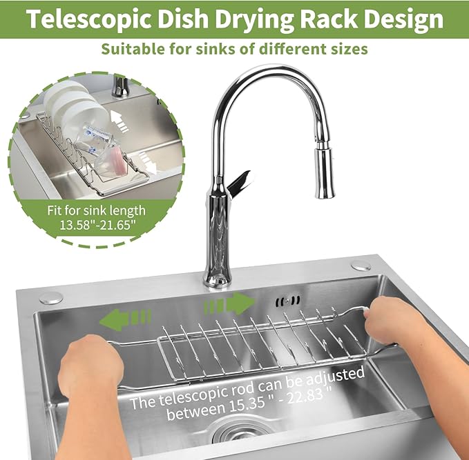Space Saving Dish Drying Rack Small - Expandable Telescopic Over The Sink Drying Rack,304 Stainless Steel Dishrack for 13.58" - 21.65" Sinks. (Small)