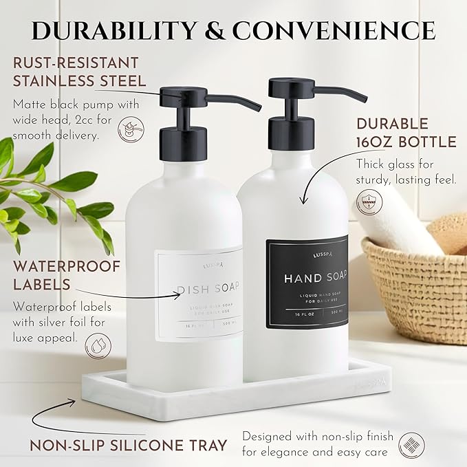 Lotion, Hand & Dish Soap Dispenser for Kitchen & Bathroom | Soap Dispenser Set of 2 16.8 Oz Glass Bottles with Stainless Steel Pump, 15 Water Proof Labels & Silicon Tray (White/Black)