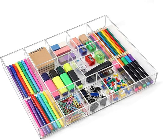 Clear Acrylic Desk Drawer Organizer Storage Tray Organizer for Pens, Stationery, Desktop, Office, Bathroom, Kitchen, Makeup Supplies(10 Compartments)