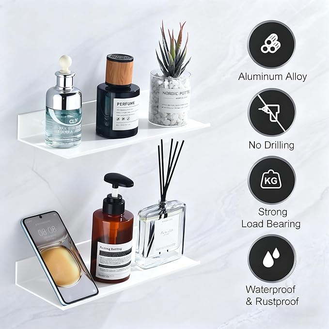 White Adhesive Shower Caddy 30cm, Floating Bathroom Shelves for Wall 2 Pack, Metal Bathroom Wall Shower Shelves Storage Organizer for Kitchen Home