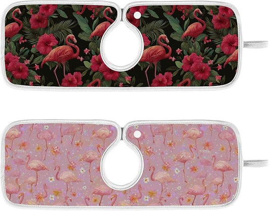 2 PCS Kitchen Sink Splash Guard 14.9 Inch Faucet Mat for Kitchen Sink Bathroom Sink Faucet Absorbing Drip Drain Mat Pad Microfiber Soft Washable Black and Pink Flamingo Petals