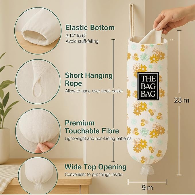 Plastic Bags Holder for Kitchen, The Bag Bag Grocery Bags Holder for Kitchen Essentials, Reusable Hanging Grocery Sack Organizer, Floral Reusable Trash Sack Storage Dispenser to Home Decor
