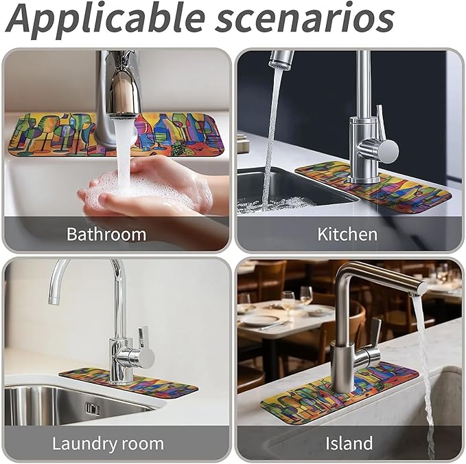 Kitchen Sink Splash Guard，Colored glass bottles Faucet Mat Sink Gadgets-Super Absorbent Fast Drying Mat Drip Catcher for Kitchen, Bathroom,Sink Mat, Dish Drying Mat, Bathroom(15" X 5.5" )