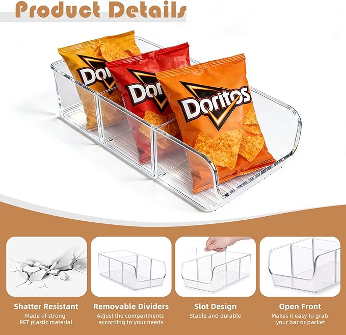 4 Pack Chip Bag Organizer for Pantry, 3-Compartment Chip Storage Containers with Detachable Dividers, Pantry Organizers and Storage for Chip and Snacks, Snack Organizer for Pantry, Fridge, and Cabinet