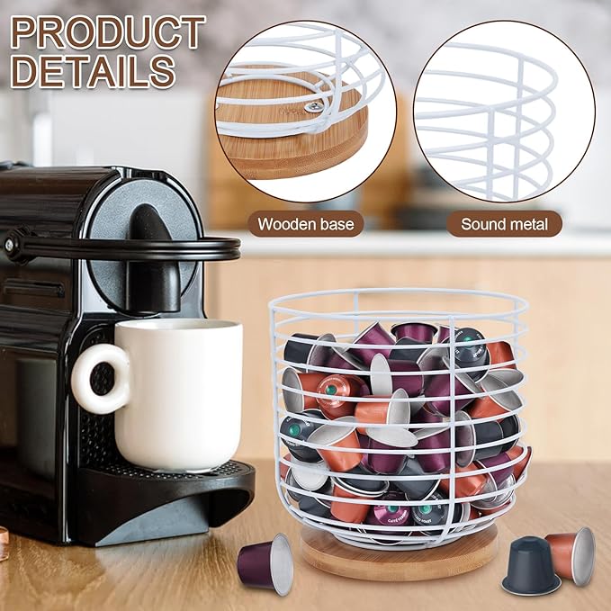 2pcs K Cup Holder Organizer - Coffee Pods Storage Organizer - Coffee Bar Accessories - Large Capacity Black Wire Kup Storage with Bamboo Base (White)