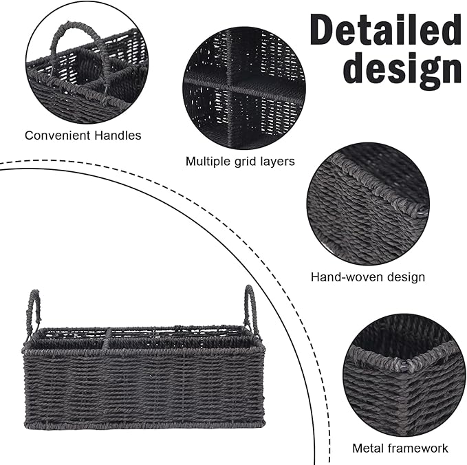 Snack Organizer for Countertop,Wicker Basket Snack Holder with with Handles,4 Compartment Snack Storage Basket for Coffee Station Organizer,Kitchen Pantry Organizers and Storage(Black)