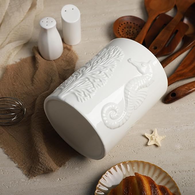 Ceramic White Seahorse Embossed Pattern Kitchen Utensil Holder, Large Cooking Utensil Crocks for Countertop, Ocean Style Utensil Organizer for Spatula and Home