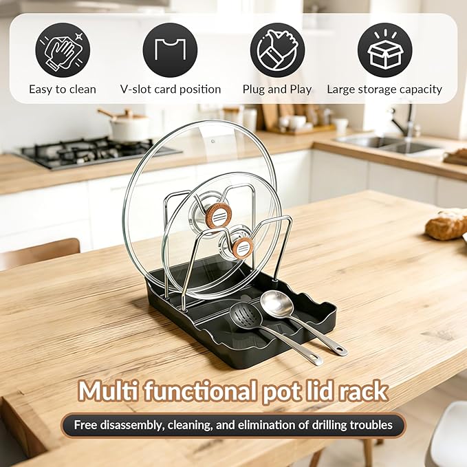 Kitchen Pot Lid Storage Rack, Pot-Lid Cutting Board Holder With Removable Drip Tray, Space-Saving Kitchen Pot Cover Organizer Stand for Countertop (1pc Black)