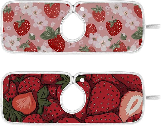 2 PCS Kitchen Sink Splash Guard 14.9 Inch Faucet Mat for Kitchen Sink Bathroom Sink Faucet Absorbing Drip Drain Mat Pad Microfiber Soft Washable Pink and Red Strawberry Flowers