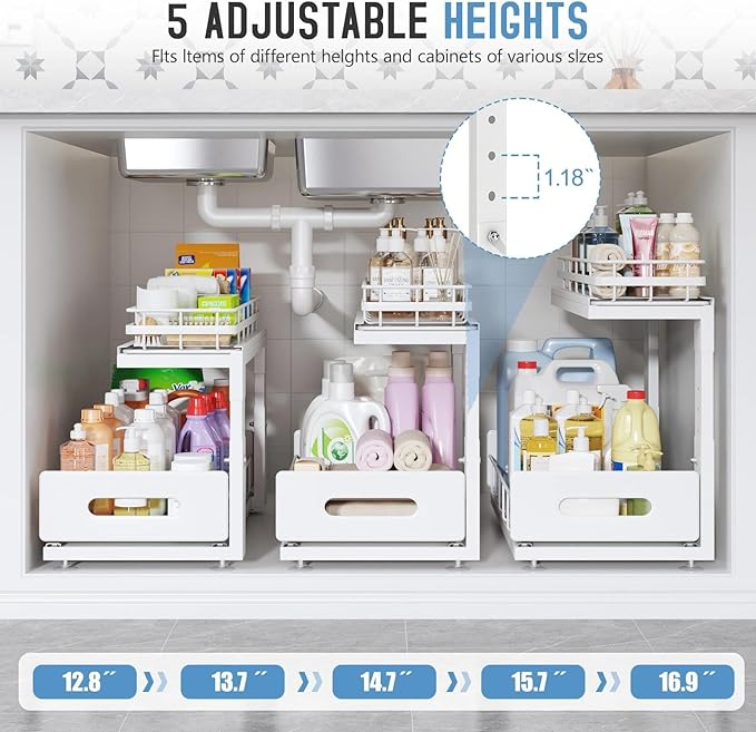 2 Pack 16.7 IN Depth Under Sink Organizer with Smooth Ball Bearing Slides,2-Tier Pull Out Cabinet Storage,Slide Out Drawers for Bathroom&Kitchen,Rust-resistant Coating,Height Adjustable-White