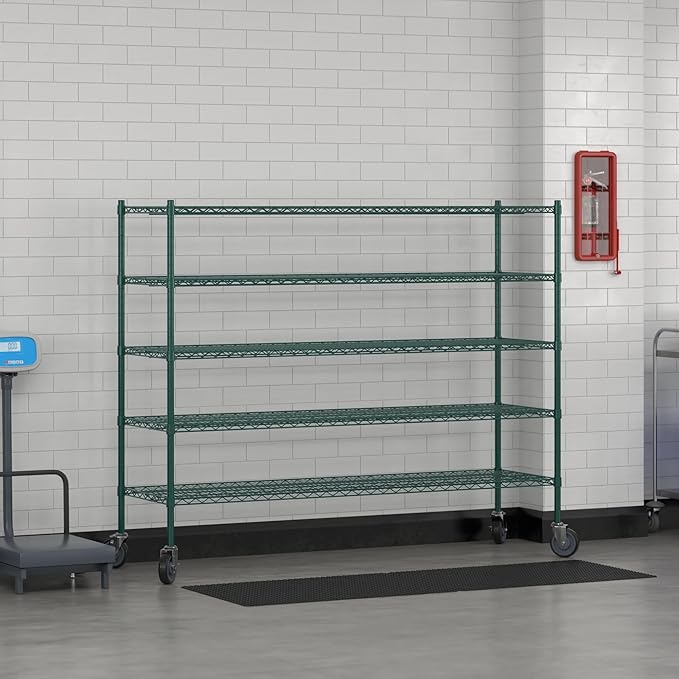 Commercial NSF Listed Green Epoxy Mobile Wire Shelving Kit 21" x 72" x 60", with 5 Shelves Perfect for Warehouse, Walk-in Refrigerator, Freezer, Grocery Store, Restaurant, Dishroom