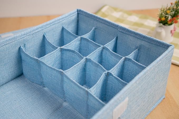 ALYER Collapsible Drawer Organizer,Underwear Drawer Divider for Socks Panties Bras Ties Clothing,Sturdy Closet Storage Divider with Lid(Blue)