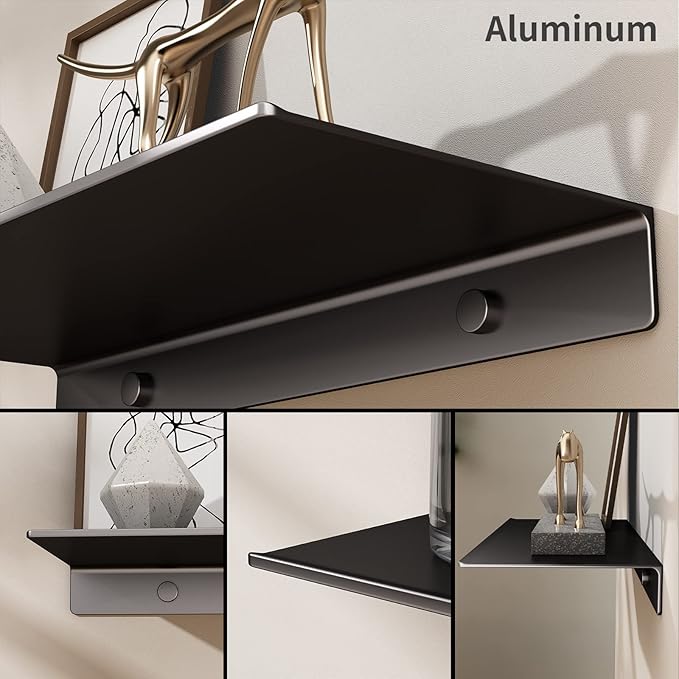 Danpoo Small Floating Shelves for Wall Storage, Mini Display Shelves for Collectibles, Metal Wall Shelves for Bathroom/Living Room/Kitchen/Bedroom(Black, 8")