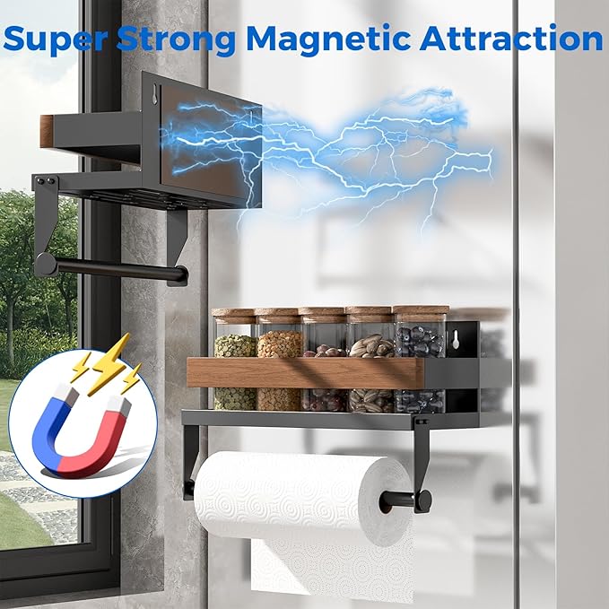 Magnetic Paper Towel Holder for Fridge Walnut Wall Mount Magnet Spice Rack for Kitchen Refrigerator