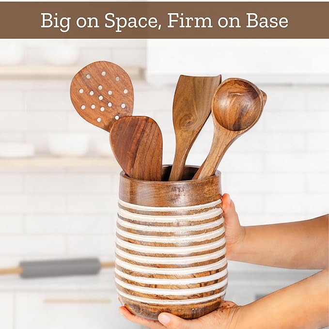 Mie Creations Boho 7'' Large Utensil Holder for Kitchen Counter | Handcrafted Wooden Utensils Crock Cooking Spatula Organizer | Gifts for Mom, Utensil Holder Caddy, Countertop Supplies- White Lining