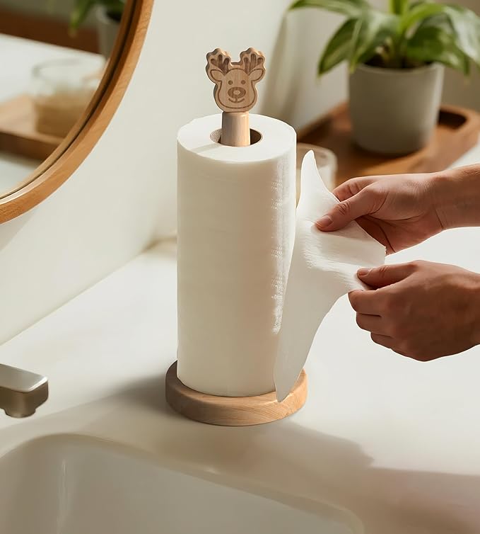 KitchLife Cute Wooden Paper Towel Holder Countertop - Solid Freestanding Paper Towel Dispenser Stand Organizer with Anti-Skid Base (Christmas Reindeer Style)