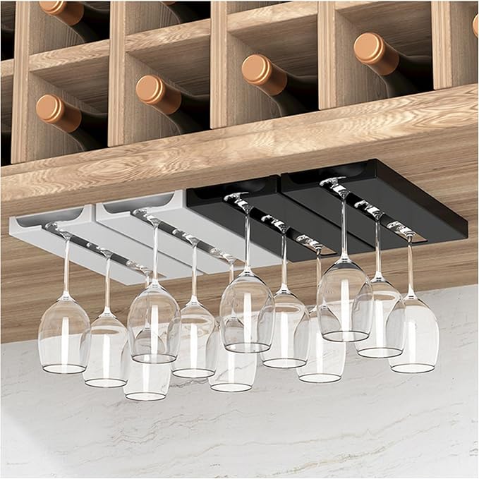 2 pieces Wine Glass Holder,Under Shelf Cabinet Wine Glass Rack, Plastic Stemware Rack,Glassware Drying Storage Hanger for Kitchen,Bar and Restaurant (Black Style B-2pcnew)