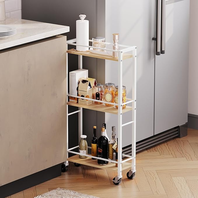 MAHANCRIS Slim Rolling Cart, Mobile Kitchen Cart on Wheels, Narrow Storage Cart for Small Space, Wooden Kitchen Storage Rack, for Bathroom, Laundry, Living Room, White RCBN1501