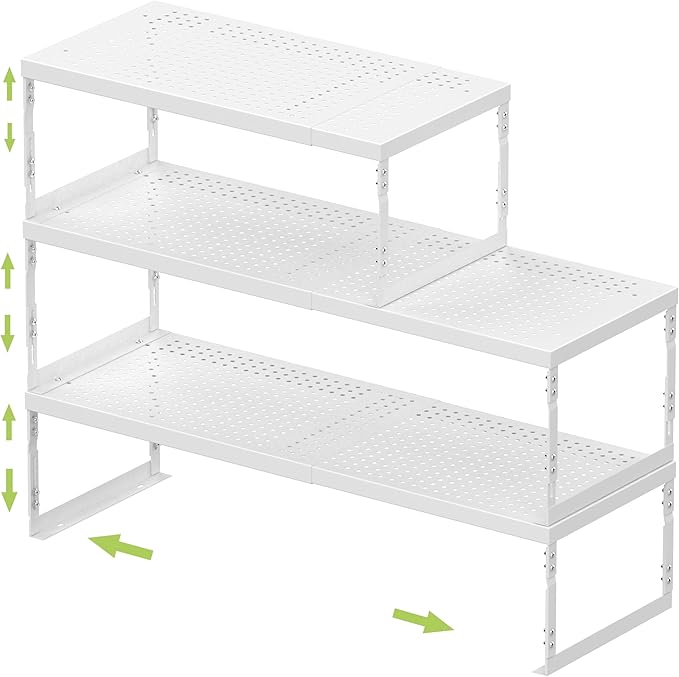 Adjustable Stackable Metal Storage Shelf Organizer - Expandable Wire Rack with Perforations for Kitchen, Pantry, Bathroom, Cabinet & Office-Compact, Durable & Sturdy (3PACKS/Medium/White)