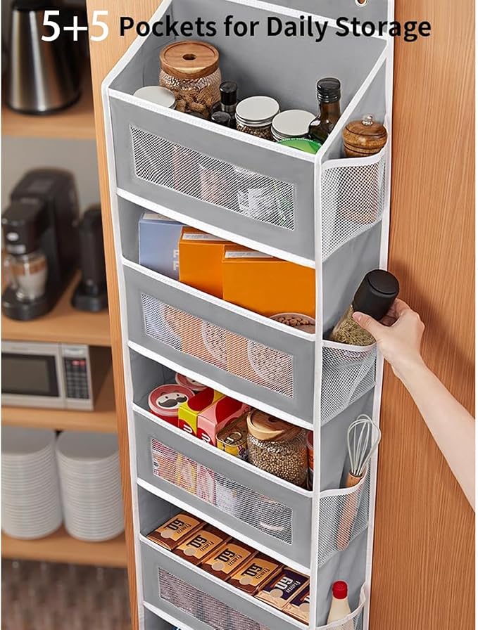 Over The Door Organizer, 5 Shelves Closet Door Hanging Organizer with 10 Mesh Pockets,for Bedroom,Bathroom,Pantry,Nursery (Gray)