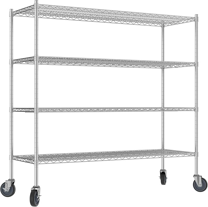 Commercial NSF Listed Chrome Mobile Wire Shelving Kit 21" x 60" x 60", with 4 Shelves Perfect for Warehouse, Walk-in Refrigerator, Freezer, Grocery Store, Restaurant, Dishroom