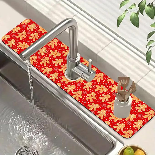 Christmas Merry Xmas Sink Splash Guard Santa Claus Faucet Absorbing Mat Fast Drying Mat Sink Gadgets Splash Guard Behind Faucet Drip Catcher for Kitchen Bathroom, 23.5"x5.5"