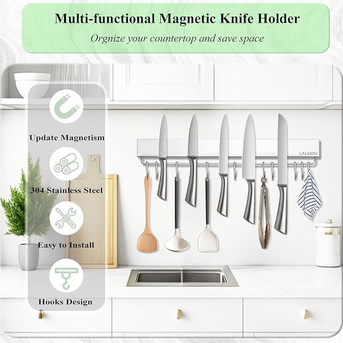 Magnetic Knife Holder for wall, 17 Inch Knife Magnetic Strip with 10 Hooks, Stainless Steel Knife Holder Magnet Rack for Kitchen Organizer, Mount with Adhesive or Screws