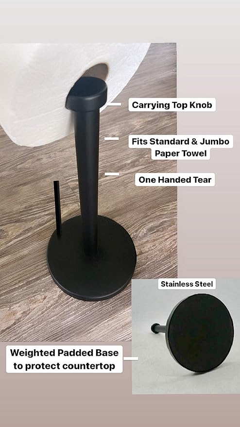 Black Paper Towel Holder Countertop Stainless Steel Paper Towel Stand with Weighted Non-Slip Base One-Handed Tear, Rust-Resistant Kitchen Roll Holder, Standard, Jumbo & Large Rolls