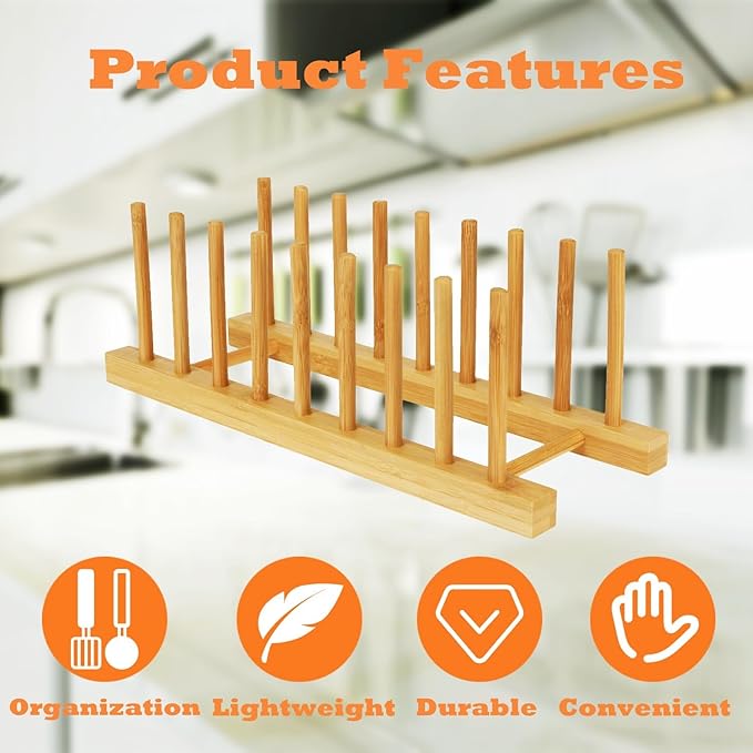 4 Pcs Bamboo Wooden Dish Drying Rack, Plate Organizer for Cabinet Space Saver and Kitchen Counter, Cutting Board Organizer for Pot Lid, Bowl, Cup, Book and More