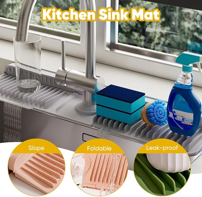 Silicone Kitchen Sink Splash Guard 2025 | Upgraded 24"x5.5" Faucet Mat with 6° Slope for Kitchen Batnroom | Anti-Slip Drip Catcher | Sink Protector Pad for Countertop Water Drain (Gray)
