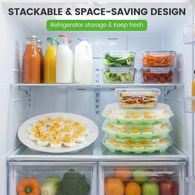 HANSGO Deviled Egg Containers with Lid, 3PCS Deviled Egg Platter Carrier Holder Trays with 66 Slots for Party and Home Kitchen, Green