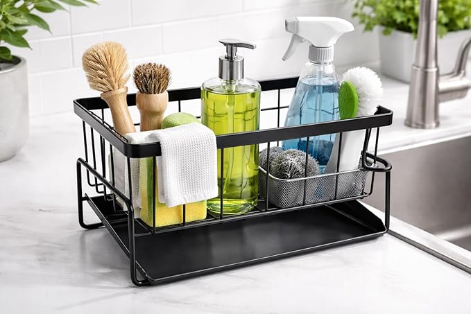 Kitchen Sink Caddy Organizer, Carbon Steel Sponge Holder with Removable Drip Tray, Countertop Storage Rack