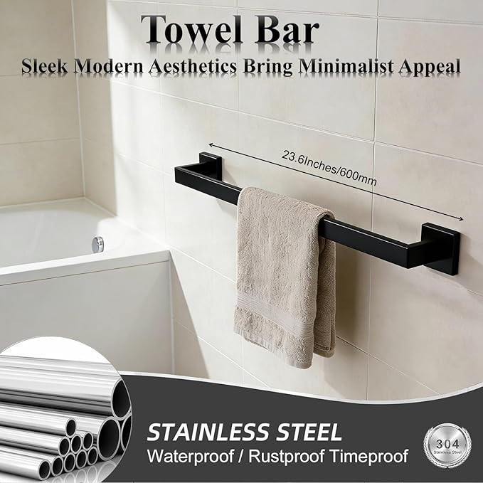 Bathroom Hardware Set 10 Piece Matte Black Bathroom Accessories Set SUS304 Towel Bar Set Includes 2 Towel Bar 24 Inch+2 Towel Holder+2 Toilet Paper Holder+4 Towel Hooks (10, Matte Black)