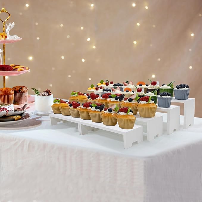 2 Set Large Display Risers Wooden Display Stand White 4 Tiered 8Pcs Wood Racks Riser Cupcake Stands Cake Stand Dessert Food Risers for Vendor Events