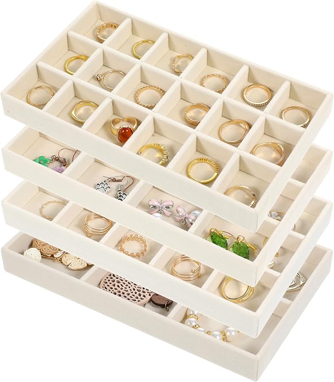 12 Pcs Velvet Jewelry Organizer Trays Set, 4 Styles Stackable Drawer Organizer with Removable Dividers, Storage and Display for Earrings, Necklaces, Bracelets, Rings, Vanity Dresser Storage Box, Beige