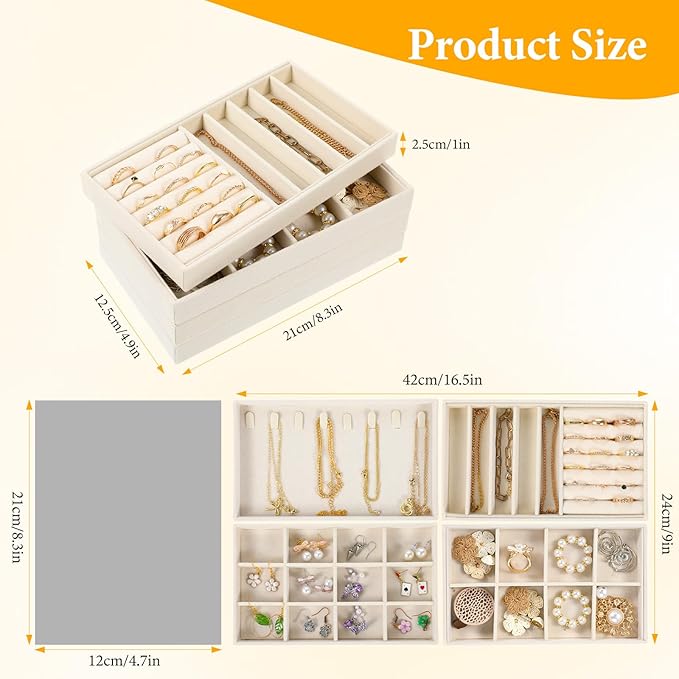 4Pcs Jewelry Organizer Trays, Stackable Velvet Jewelry Trays, Drawer Insert Divider Jewel Display Storage with Removable Dividers, Divided Storage for Earring Necklace Rings Bracelet