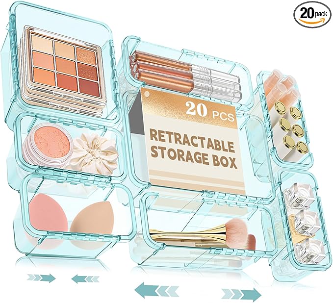 20 Pcs Adjustable Clear Drawer Organizer, All Extendable Vanity Storage Bins, Desk Drawer Organizer Set for Makeup, Cosmetics, Bedroom, and Gadgets, Blue