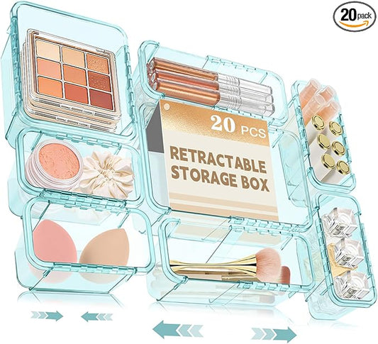 20 Pcs Adjustable Clear Drawer Organizer, All Extendable Vanity Storage Bins, Desk Drawer Organizer Set for Makeup, Cosmetics, Bedroom, and Gadgets, Blue