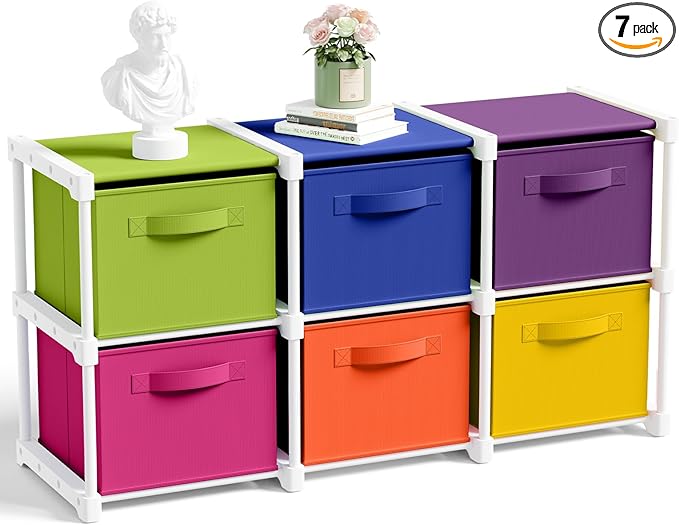 Thyle Large Cube Storage Organizer Shelf with 6 Bins 14 Inch Fabric Collapsible Cubby Storage Drawers Shelving Unit for Christmas Ornaments Clothes Toys Craft(Rainbow,Colorful)
