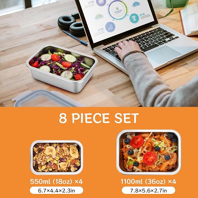 Cykorxicc 8-Piece 304 Stainless Steel Food Storage Containers with Lids, Leakproof & Airtight Bento Lunch Box, Oven/Freezer/Dishwasher Safe,Stackable Kitchen Storage Set